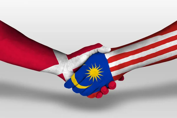 Handshake Malaysia Denmark Flags Painted Hands Illustration Clipping Path — Foto Stock