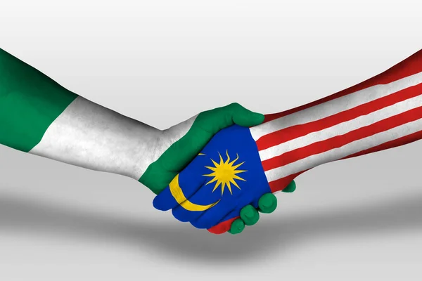 Handshake Malaysia Nigeria Flags Painted Hands Illustration Clipping Path — Stock Photo, Image