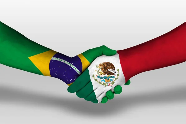 Χειραψία Μεταξύ Του Μεξικού Και Brazil Σημαίες Ζωγραφισμένα Στα Χέρια — Φωτογραφία Αρχείου