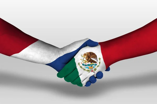 Meksika Hollanda Arasındaki Sıkışma Ellerinde Boyanmış Bayraklar Kırpma Yolu Ile — Stok fotoğraf