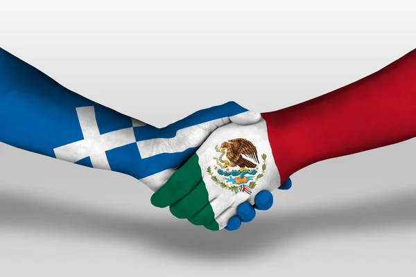 Χειραψία Μεταξύ Του Μεξικού Και Της Ελλάδας Σημαίες Ζωγραφισμένα Στα — Φωτογραφία Αρχείου