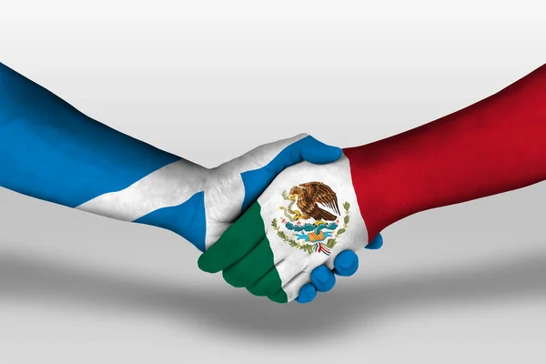Χειραψία Μεταξύ Του Μεξικού Και Της Σκωτίας Σημαίες Ζωγραφισμένα Στα — Φωτογραφία Αρχείου
