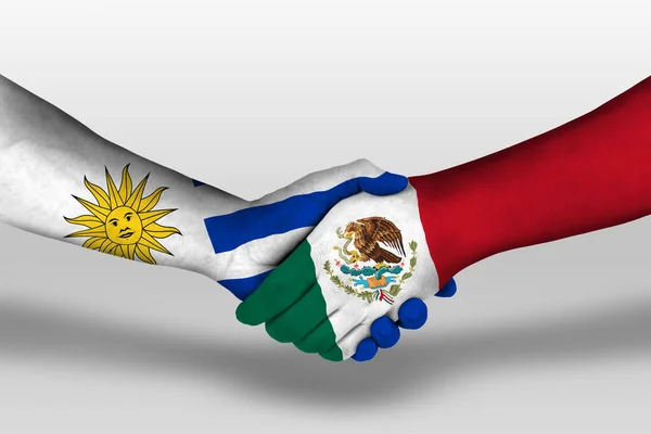 Poignée Main Entre Les Drapeaux Mexicains Uruguay Peints Sur Les — Photo