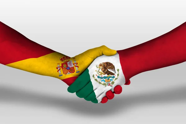 Handshake Mexico Spain Flags Painted Hands Illustration Clipping Path — Stock Photo, Image