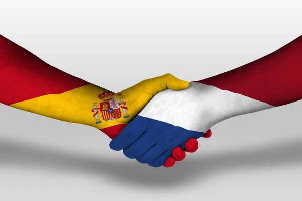 Handshake Netherlands Spain Flags Painted Hands Illustration Clipping Path — Φωτογραφία Αρχείου