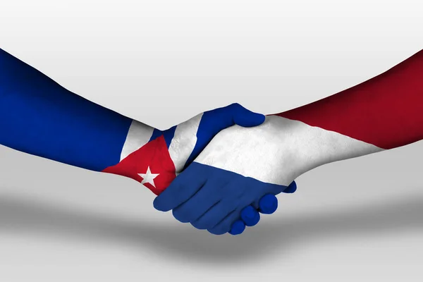 Handslag Mellan Nederländer Och Kuba Flaggor Målade Händer Illustration Med — Stockfoto