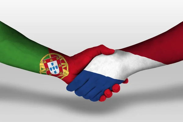 Handshake Netherlands Portugal Flags Painted Hands Illustration Clipping Path — ストック写真