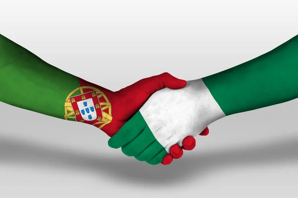Handshake Nigeria Portugal Flags Painted Hands Illustration Clipping Path — Stockfoto