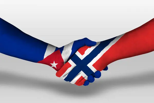 Handslag Mellan Norge Och Kuba Flaggor Målade Händer Illustration Med — Stockfoto