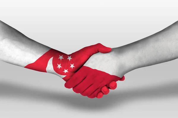 Aperto Mão Entre Bandeiras Polônia Singapura Pintadas Mãos Ilustração Com — Fotografia de Stock
