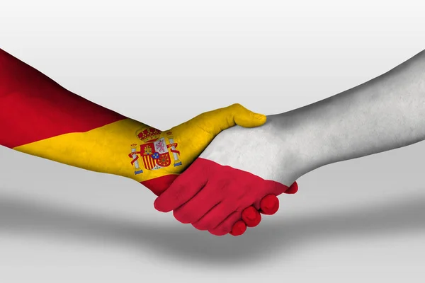 Handshake between poland and spain flags painted on hands, illustration with clipping path.