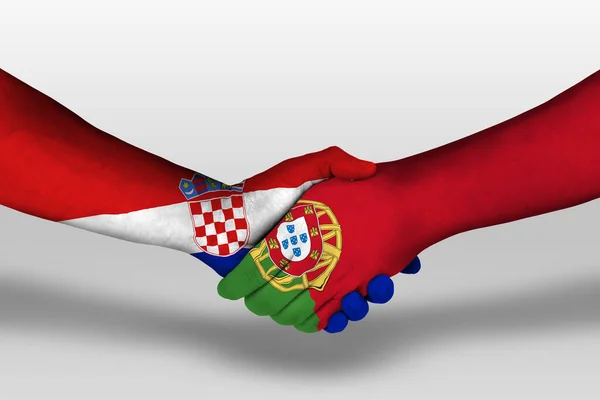 Stretta Mano Tra Bandiere Portogallo Croazia Dipinte Mani Illustrazione Con — Foto Stock
