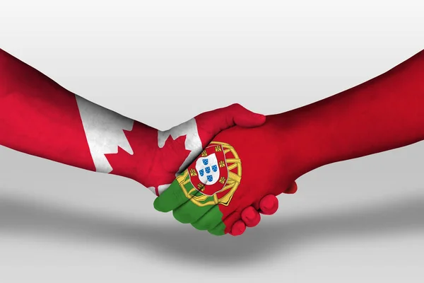 Poignée Main Entre Drapeaux Portugais Canada Peints Sur Les Mains — Photo