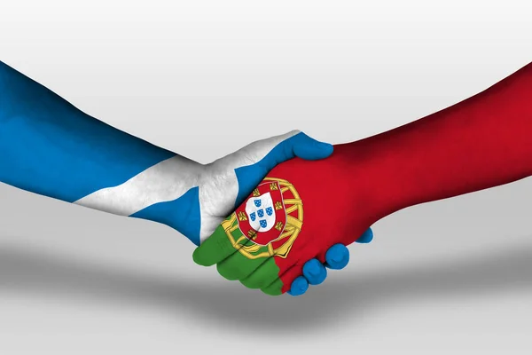 Potřesení Rukou Mezi Portugalskými Skotskými Vlajkami Namalovanými Rukou Ilustrace Oříznutou — Stock fotografie