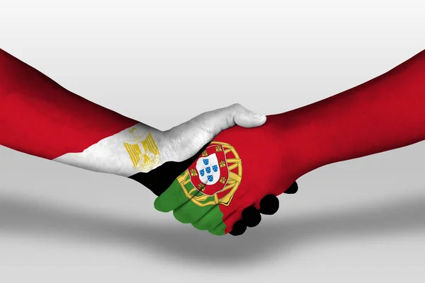 Handshake Portugal Egypt Flags Painted Hands Illustration Clipping Path — Foto de Stock