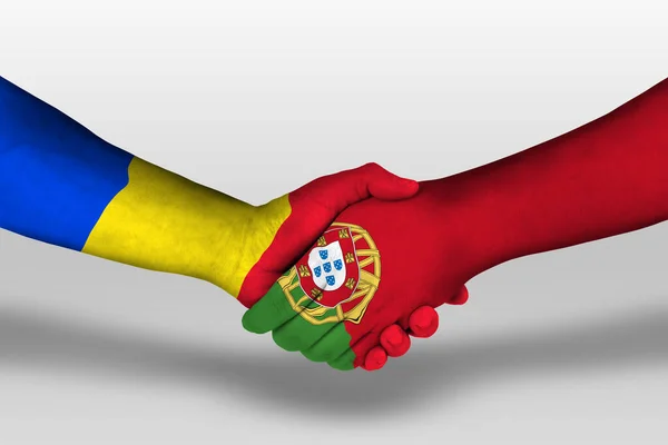 Handshake Portugal Romania Flags Painted Hands Illustration Clipping Path — Stock Photo, Image