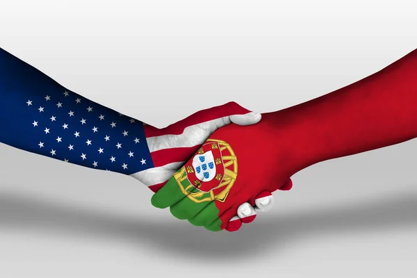 Handdruk Tussen Portugal Verenigde Staten Van Amerika Vlaggen Geschilderd Handen — Stockfoto