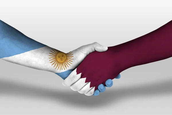 Uścisk Dłoni Między Flagami Kataru Argentyny Namalowany Rękach Ilustracja Ścieżką — Zdjęcie stockowe