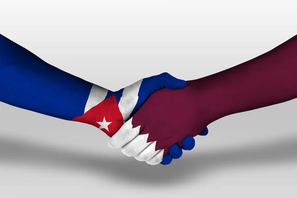 Рукостискання Між Прапорами Катару Куба Намальованими Руках Ілюстрація Відсічним Контуром — стокове фото