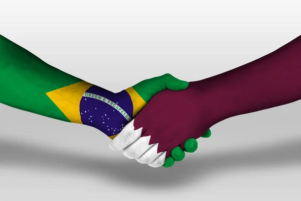 Handshake Qatar Brazil Flags Painted Hands Illustration Clipping Path — ストック写真
