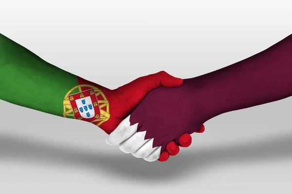 Potřesení Rukou Mezi Katarem Portugalskými Vlajkami Namalovanými Rukou Ilustrace Oříznutou — Stock fotografie
