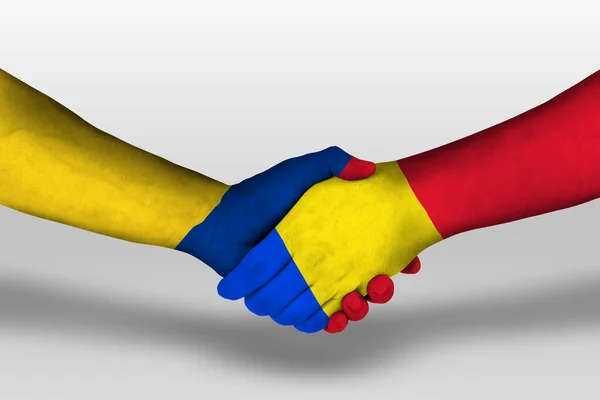 Handshake Romania Columbia Flags Painted Hands Illustration Clipping Path — Foto de Stock