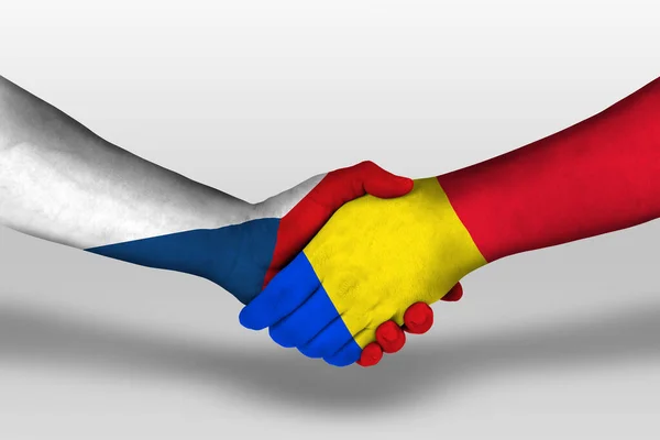 Apretón Manos Entre Romania República Checa Banderas Pintadas Las Manos — Foto de Stock