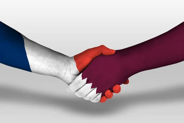Handshake Qatar France Flags Painted Hands Illustration Clipping Path — Zdjęcie stockowe