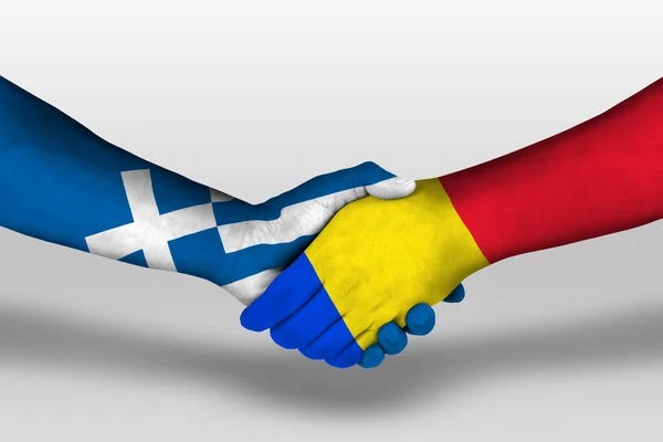 Kézfogás Között Román Görög Zászlók Festett Kezét Illusztráció Vágási Útvonal — Stock Fotó