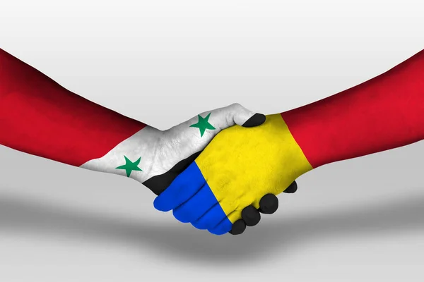 Handshake Romania Syria Flags Painted Hands Illustration Clipping Path — Stock Photo, Image