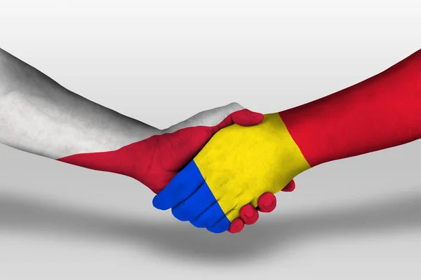 Handshake Romania Poland Flags Painted Hands Illustration Clipping Path — Stockfoto
