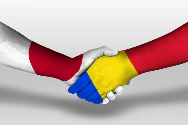 Handshake Romania Japan Flags Painted Hands Illustration Clipping Path — стокове фото