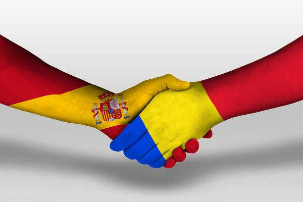Uścisk Dłoni Między Romanią Hiszpańskimi Flagami Namalowanymi Dłoniach Ilustracja Ścieżką — Zdjęcie stockowe