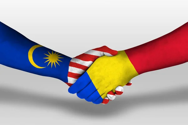 Handslag Mellan Romani Och Malaysiska Flaggor Målade Händer Illustration Med — Stockfoto