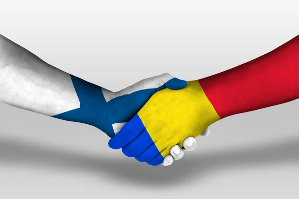Kézfogás Között Románia Finn Zászlók Festett Kezét Illusztráció Vágási Útvonal — Stock Fotó