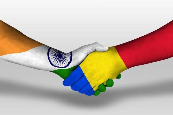 Aperto Mão Entre Romênia Índia Bandeiras Pintadas Mãos Ilustração Com — Fotografia de Stock