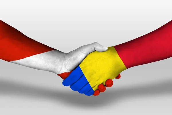 Aperto Mão Entre Romania Austria Bandeiras Pintadas Mãos Ilustração Com — Fotografia de Stock