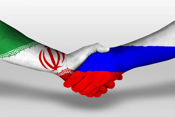 Handshake between russia and iran flags painted on hands, illustration with clipping path.