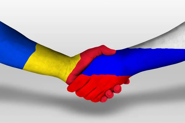 Aperto Mão Entre Rússia Romênia Bandeiras Pintadas Mãos Ilustração Com — Fotografia de Stock