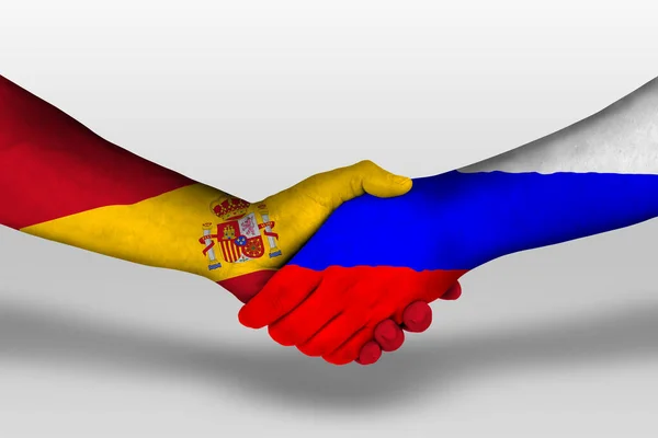 Handdruk Tussen Rusland Spanje Vlaggen Geschilderd Handen Illustratie Met Clipping — Stockfoto