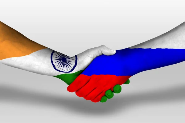 Aperto Mão Entre Rússia Índia Bandeiras Pintadas Mãos Ilustração Com — Fotografia de Stock