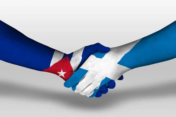 Handslag Mellan Skotska Och Kuba Flaggor Målade Händer Illustration Med — Stockfoto