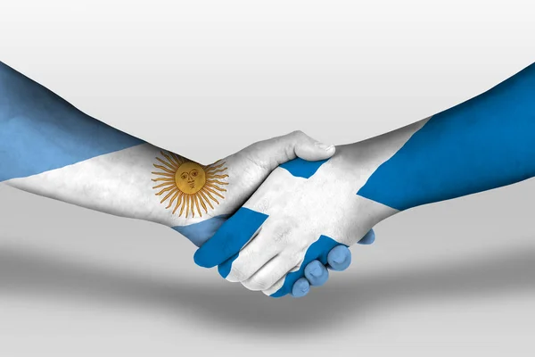 手绘苏格兰国旗和Argentina国旗之间的握手 用裁剪路径说明 — 图库照片