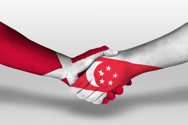 Aperto Mão Entre Bandeiras Singapore Denmark Pintadas Mãos Ilustração Com — Fotografia de Stock