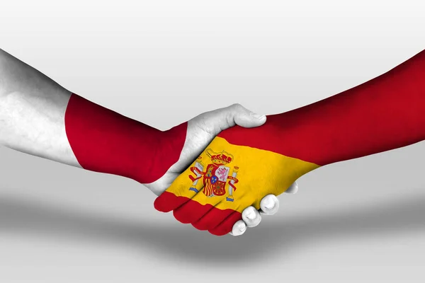 Handshake Spain Japan Flags Painted Hands Illustration Clipping Path — Fotografia de Stock