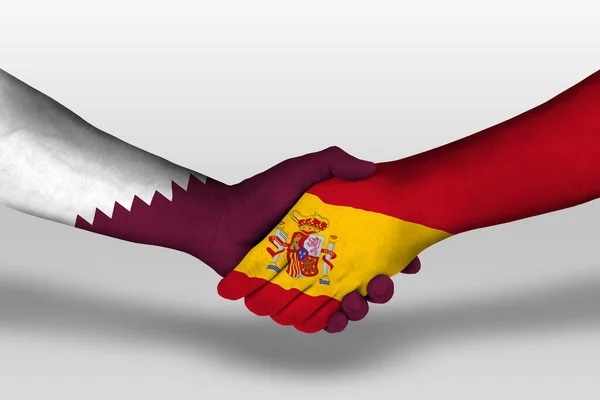 Handshake Spain Qatar Flags Painted Hands Illustration Clipping Path — Fotografia de Stock