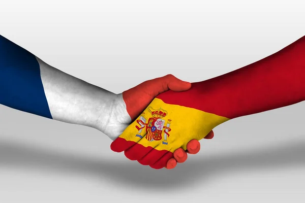 Handshake Spain France Flags Painted Hands Illustration Clipping Path — Zdjęcie stockowe