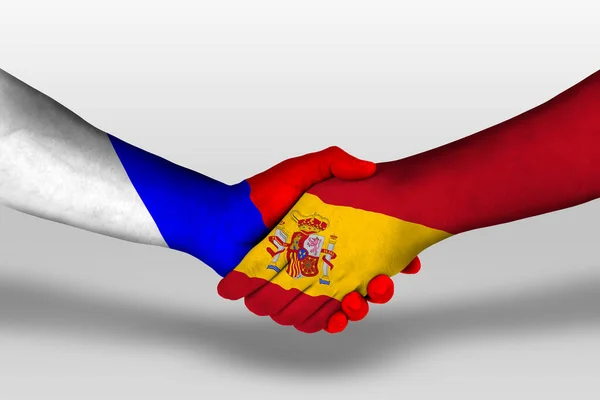 Handshake Spain Russia Flags Painted Hands Illustration Clipping Path — Zdjęcie stockowe