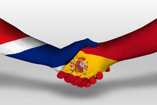 Uścisk Dłoni Między Hiszpanią Tajlandzkimi Flagami Namalowanymi Rękach Ilustracja Ścieżką — Zdjęcie stockowe