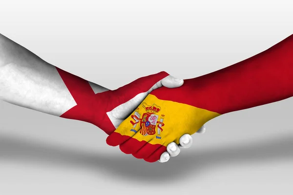Apretón Manos Entre Las Banderas España Inglaterra Pintadas Las Manos — Foto de Stock